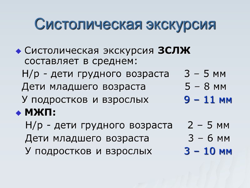 Систолическая экскурсия  Систолическая экскурсия ЗСЛЖ составляет в среднем:   Н/р - дети